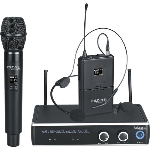 IBIZA DR20UHF 2-Kanal UHF Doppel Funkmikrofon System mit Handmikrofon und Headset