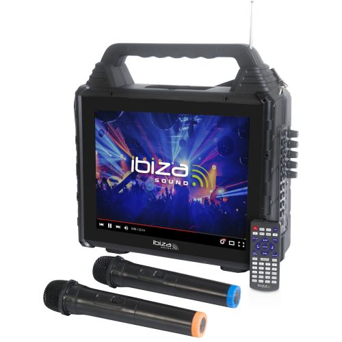 IBIZA KARAVISION tragbarer Karaoke Lautsprecher mit Bildschirm und 2 Funk-Mikrofonen